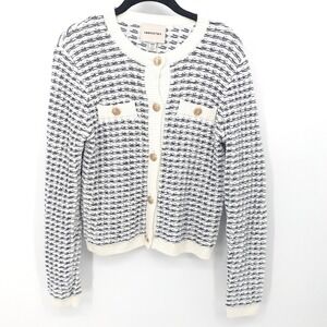 Industry Cardigan Women Medium Cream Blue Textured Gold Button Old Money Sweater